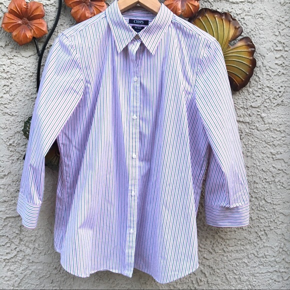 Chaps Tops - Chaps White Pink Stripe 3/4 Sleeve button-down top